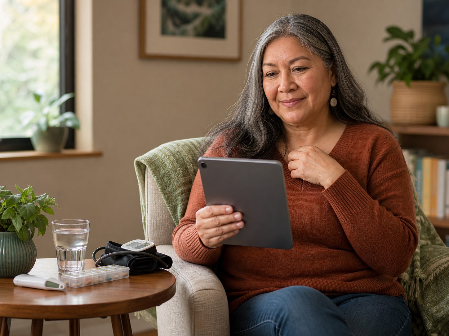 Woman reviewing health plan at dining table with tablet and fresh salad