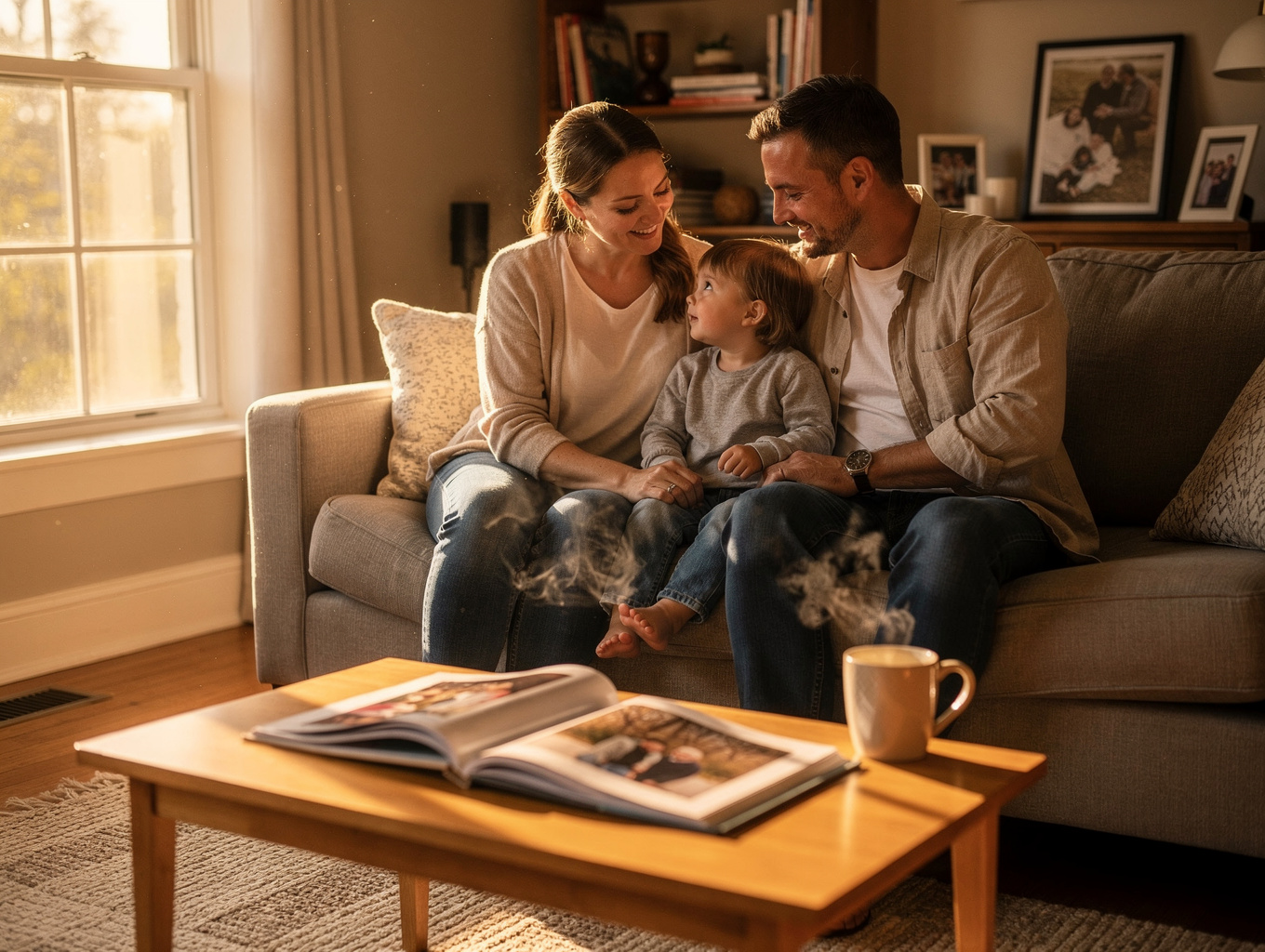 Adult and family member drinking coffee and talking in a living room