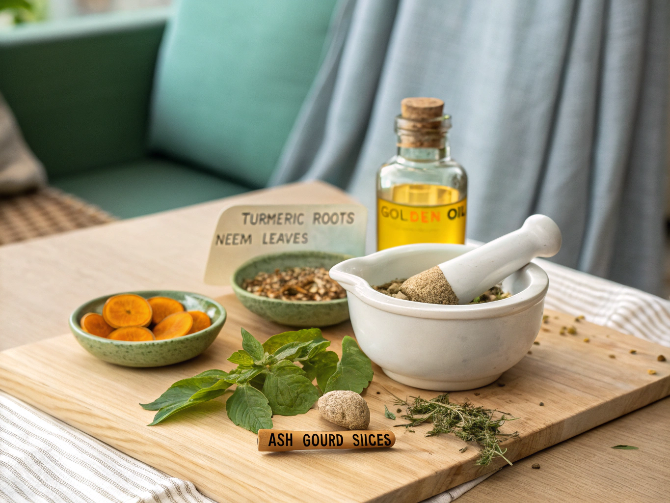 Herbs, mortar and pestle, fresh lemons, laboratory beakers, and medical journal on a wooden surface