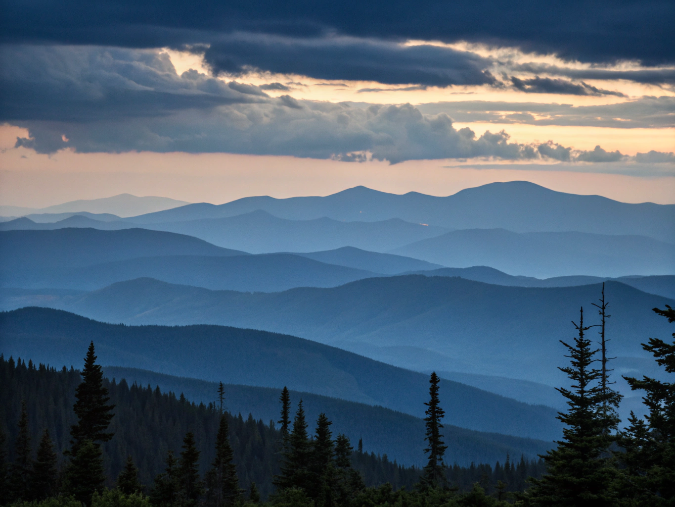 Misty mountain ridge with pine trees at dusk