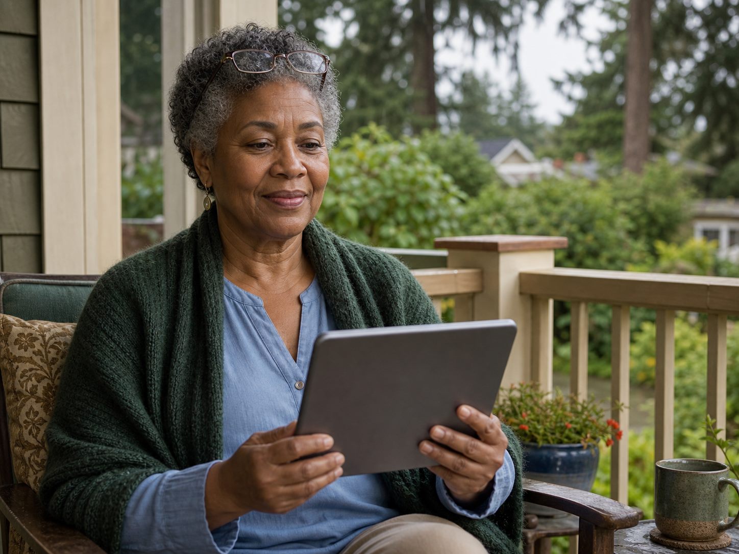 Washington adult using a tablet for a private telehealth visit at home
