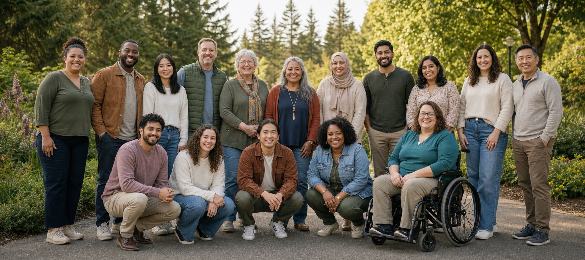 Diverse group of Washington adults gathered in an evergreen community park