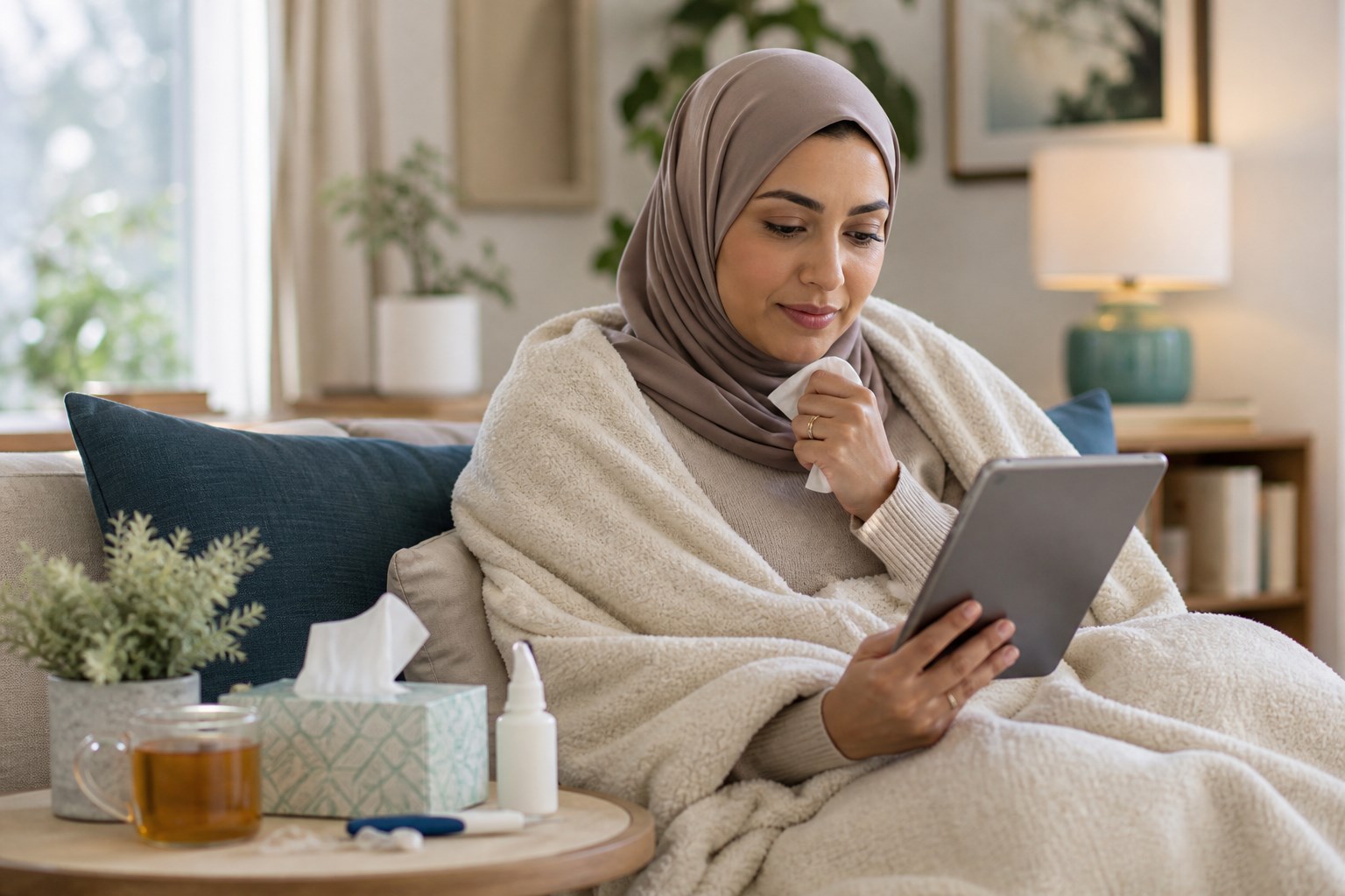 Adult resting at home while recovering from a minor illness