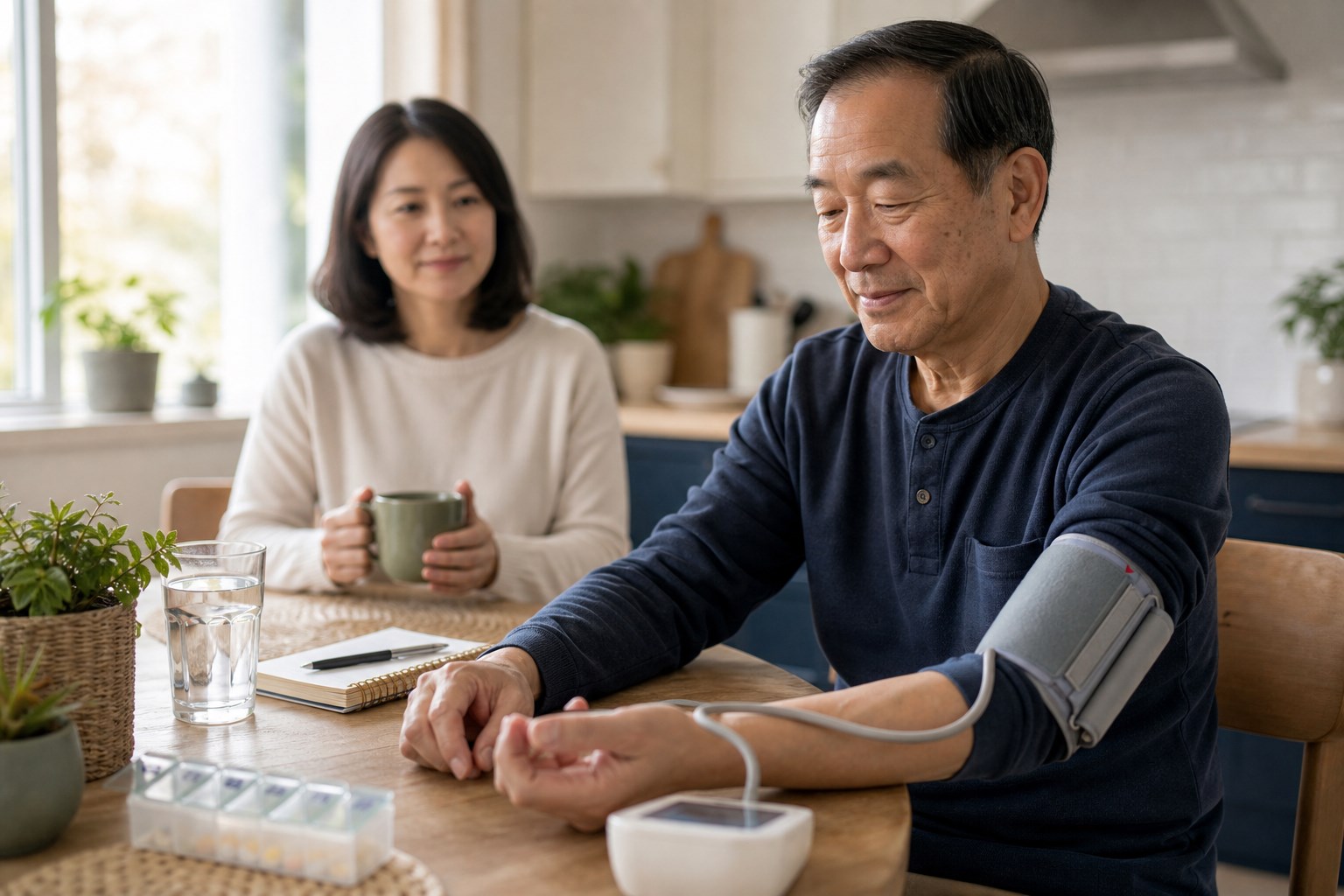 Adult checking blood pressure at home during chronic care support