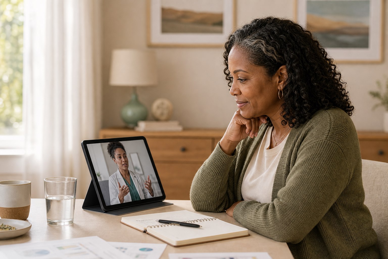 Woman using a tablet for a private telehealth visit at home