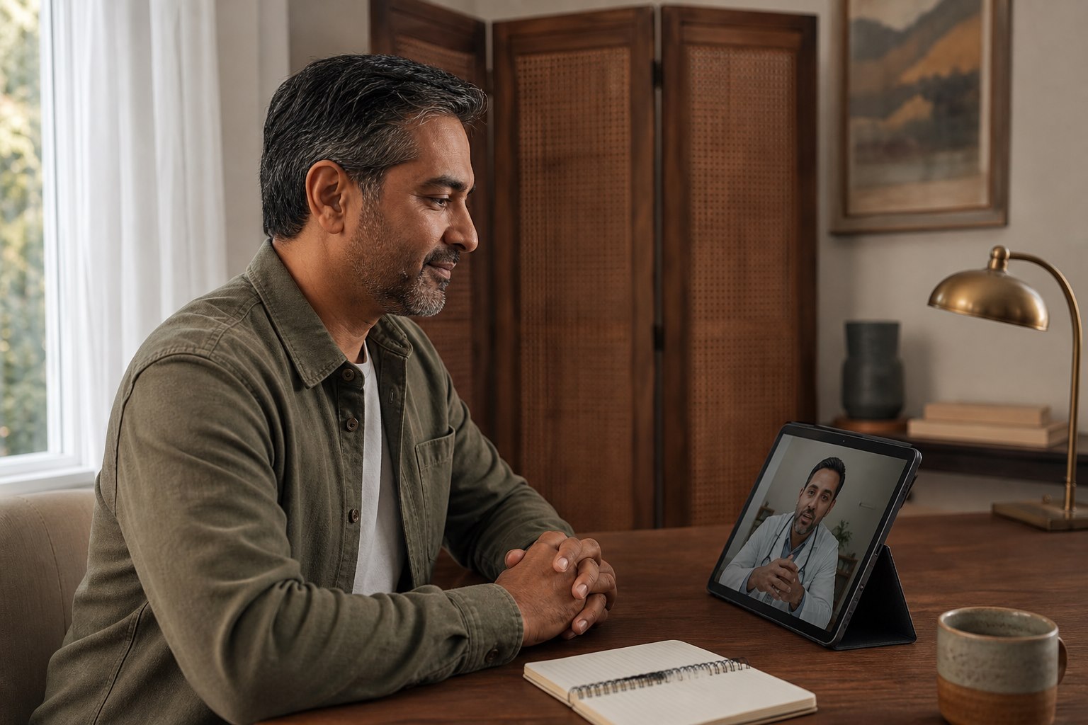 Man speaking privately during a telehealth visit from home