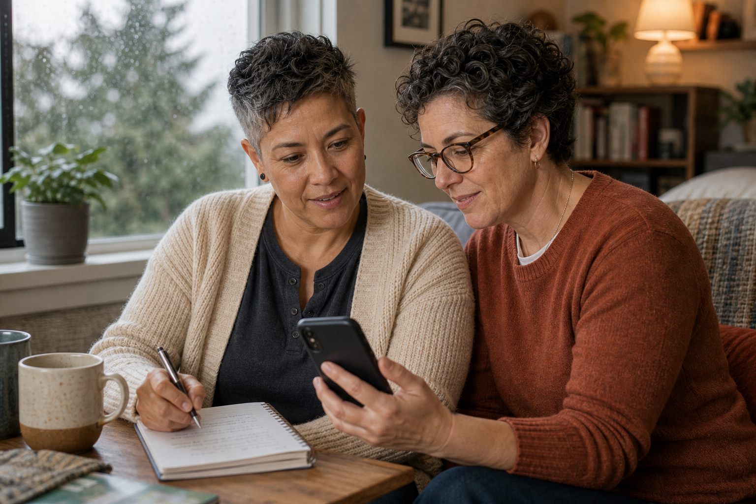 Two adults sitting together in a Pacific Northwest home while reviewing care notes and a phone
