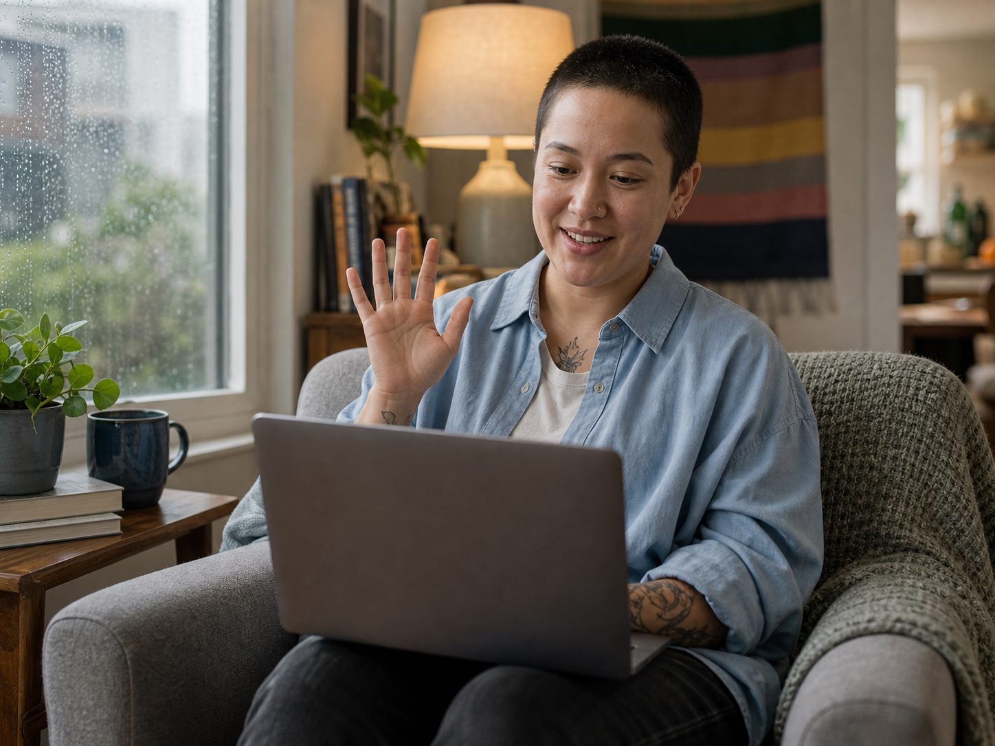 Nonbinary adult waving during a private telehealth video call at home