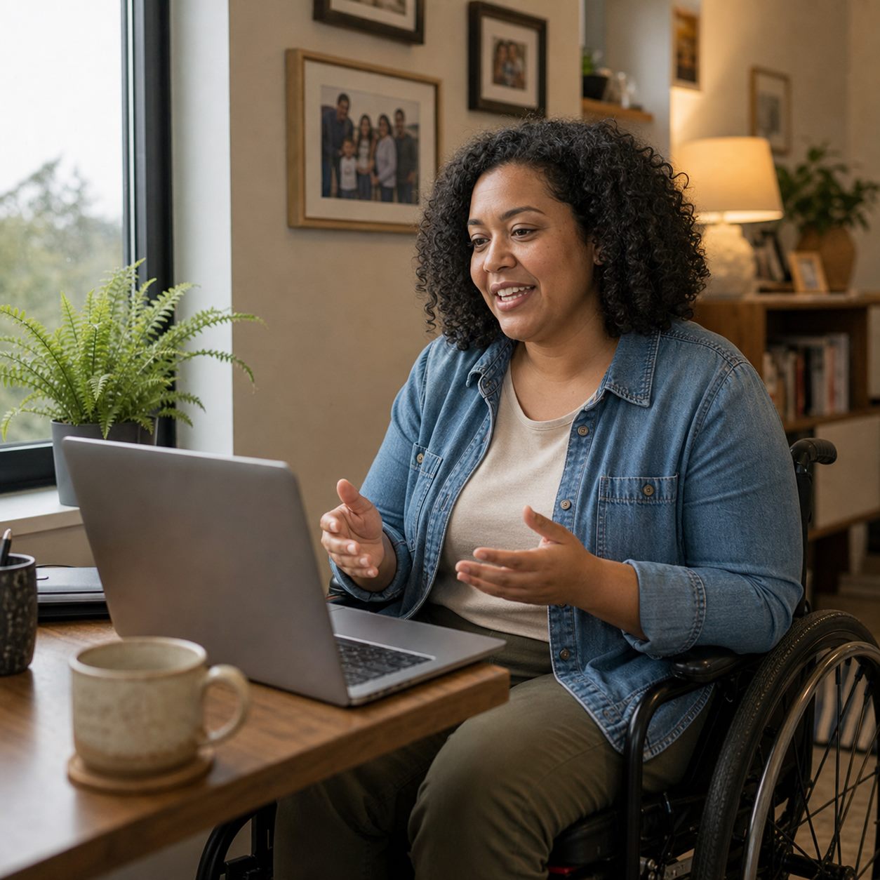 Adult wheelchair user in a modest apartment during a telehealth visit