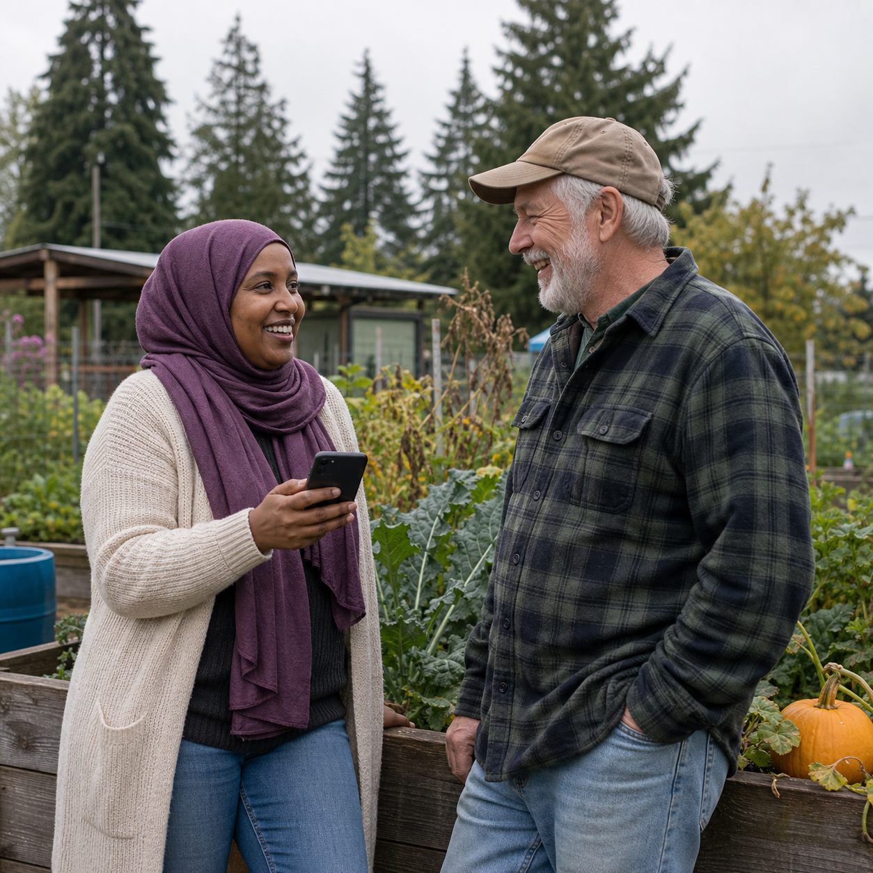 Neighbors chatting warmly in a Pacific Northwest community garden