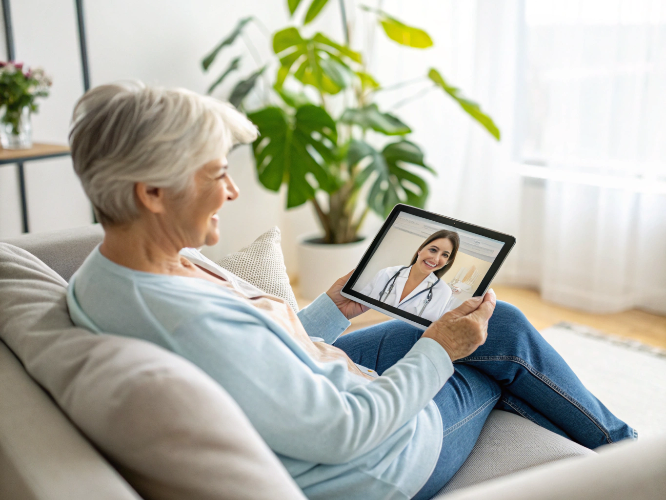 Patient sitting comfortably at home participating in a virtual telehealth consultation on a tablet