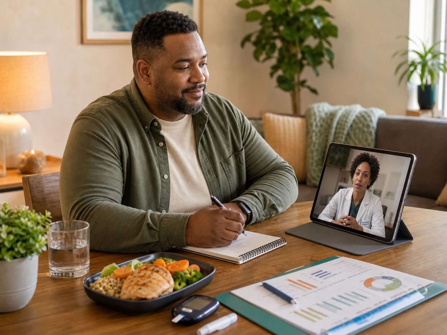 Adult reviewing telehealth treatment plan on tablet at home