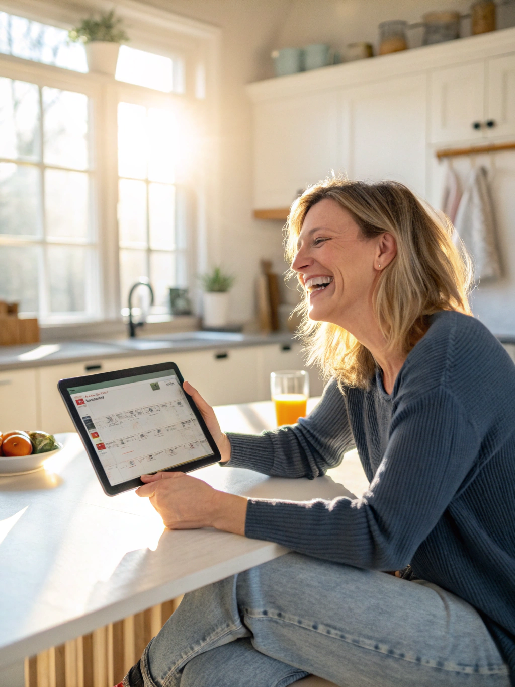 Woman smiling on video consultation with healthcare provider on tablet